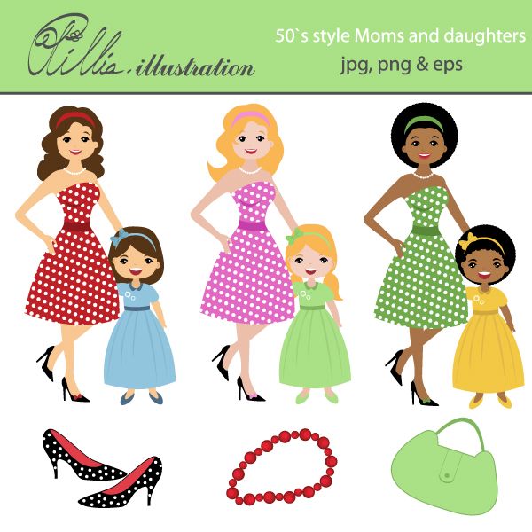 50`s style moms and daughters clipart comes with 6 cliparts