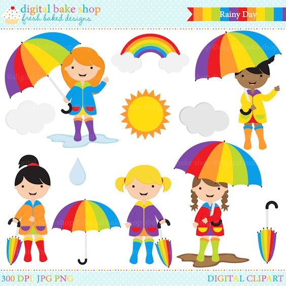 Rainy Day Digital Clip Art: Set includes: little girls in