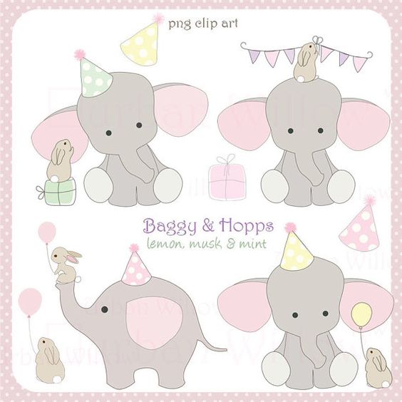 Elephant and Rabbit Clipart, Elephant with Balloon Birthday