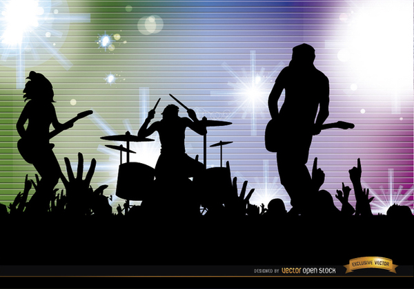Rock Band Crowd Concert Silhouettes Background Free Vector