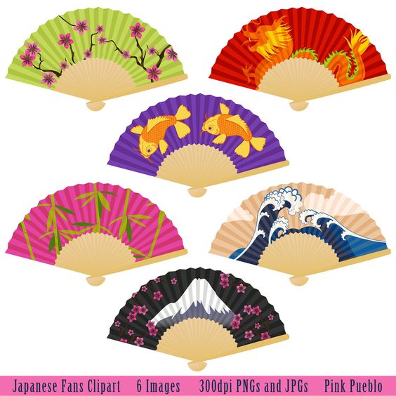 Japanese Fans Clipart Clip Art with Koi, Dragon, Bamboo, Cherry
