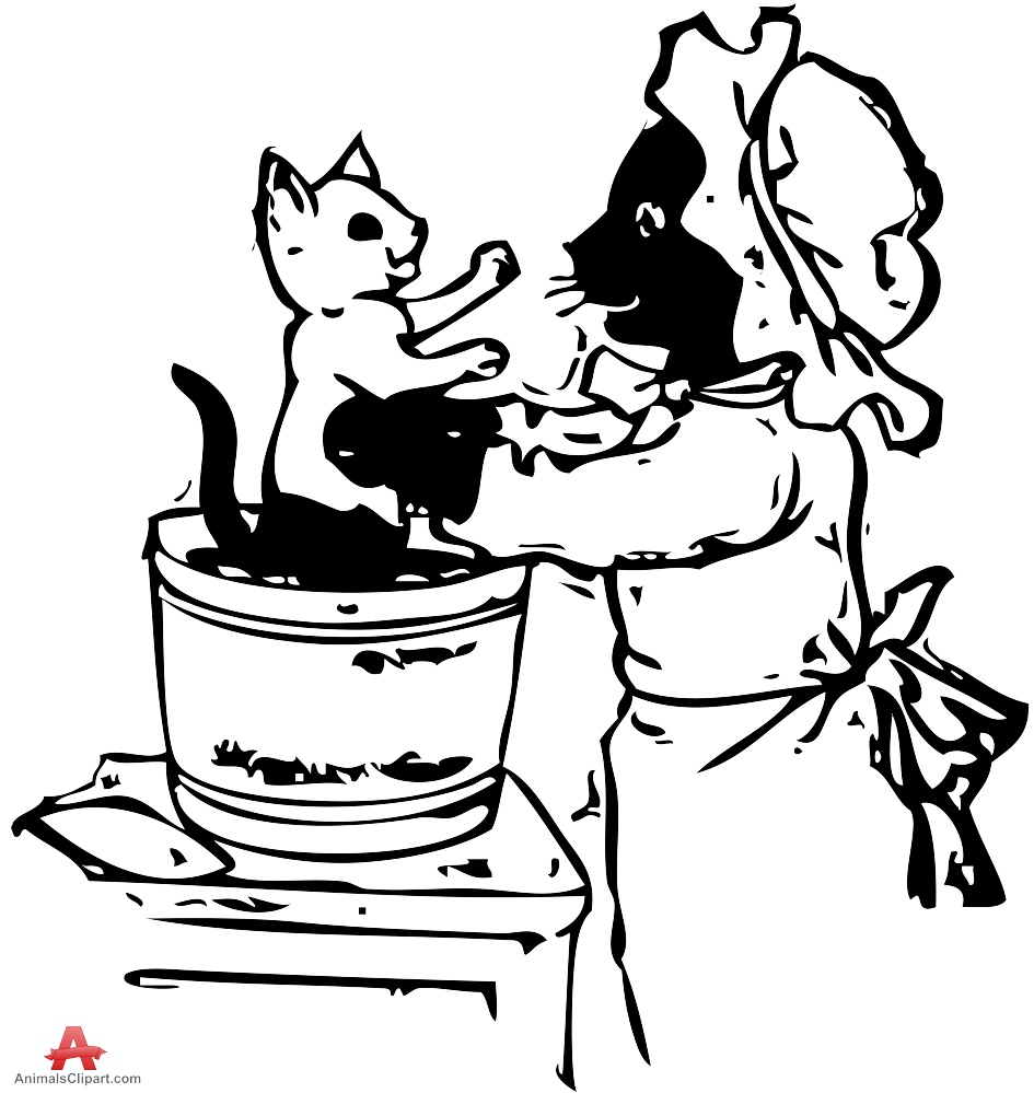 Cat Bathing Drawing Vintage Clipart