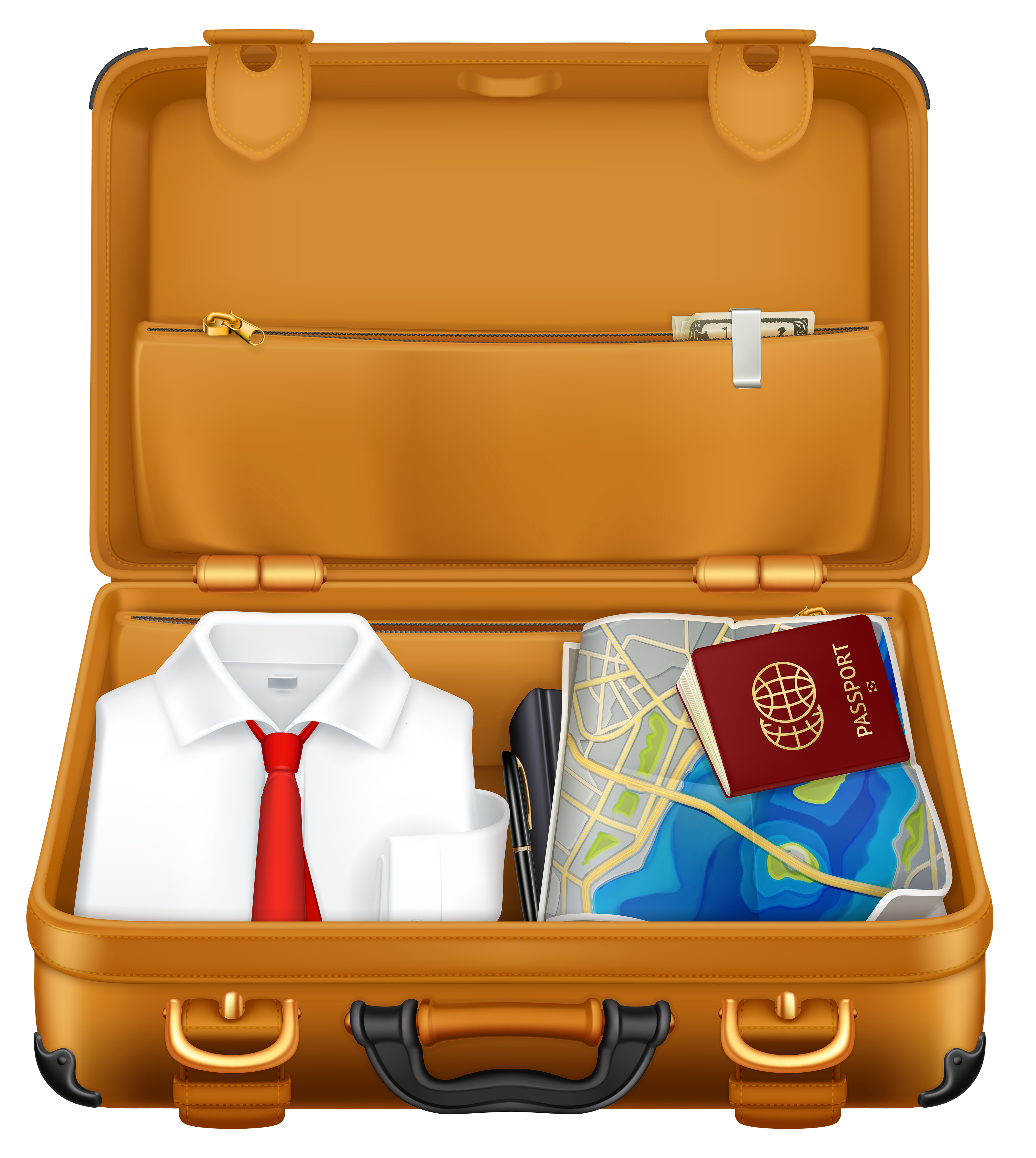Brown Suitcase with Clothes and Passport PNG Clipart Image