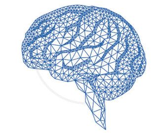 Blue human brain with abstract geometric pattern, digital clipart