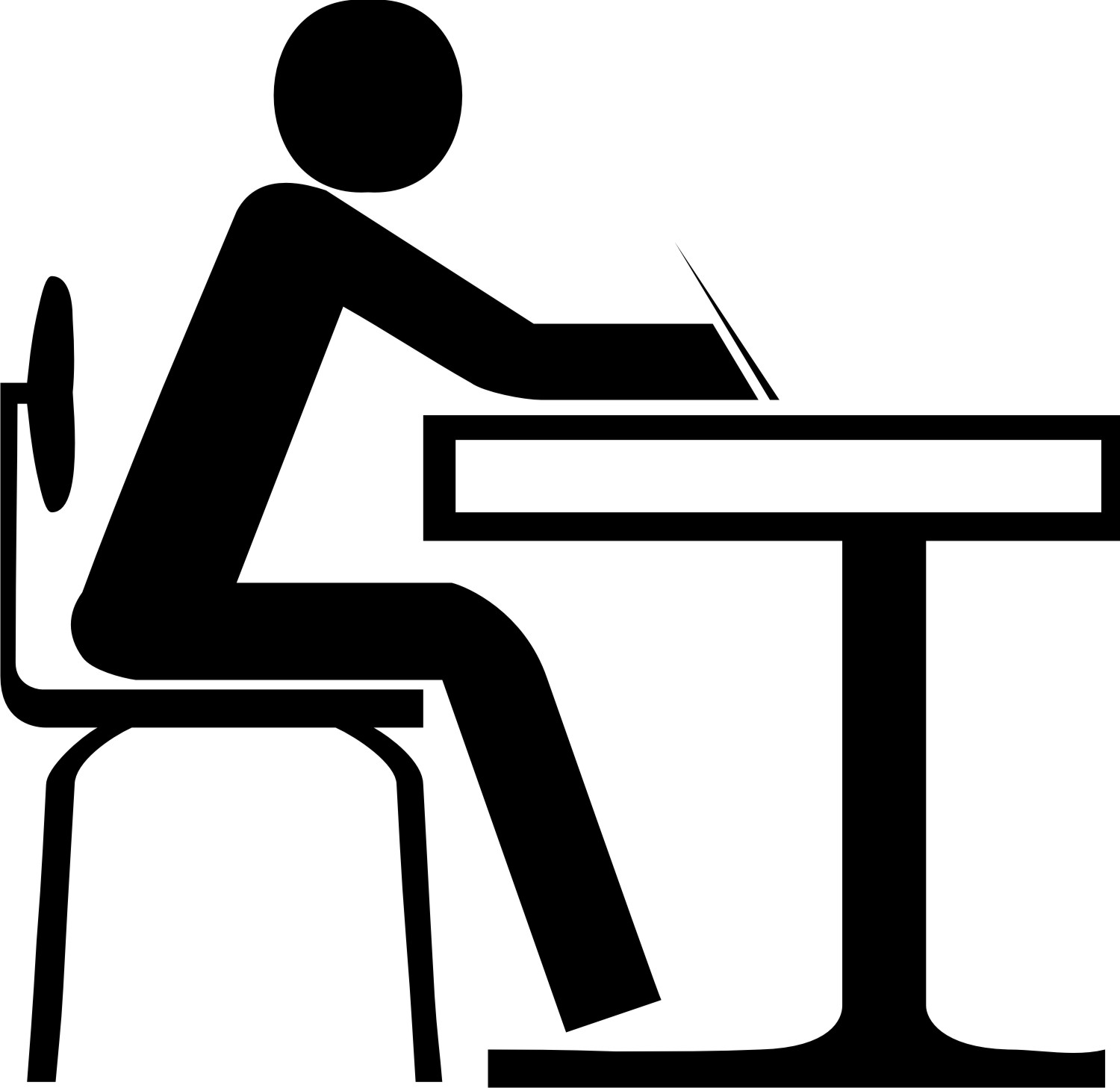 Black and white clipart of a student working at desk