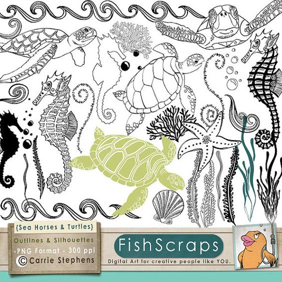 SeaHorse Line Art  Turtles Outline, Sea Animal Doodle ClipArt +