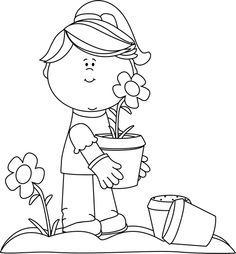 Woman planting clipart black and white