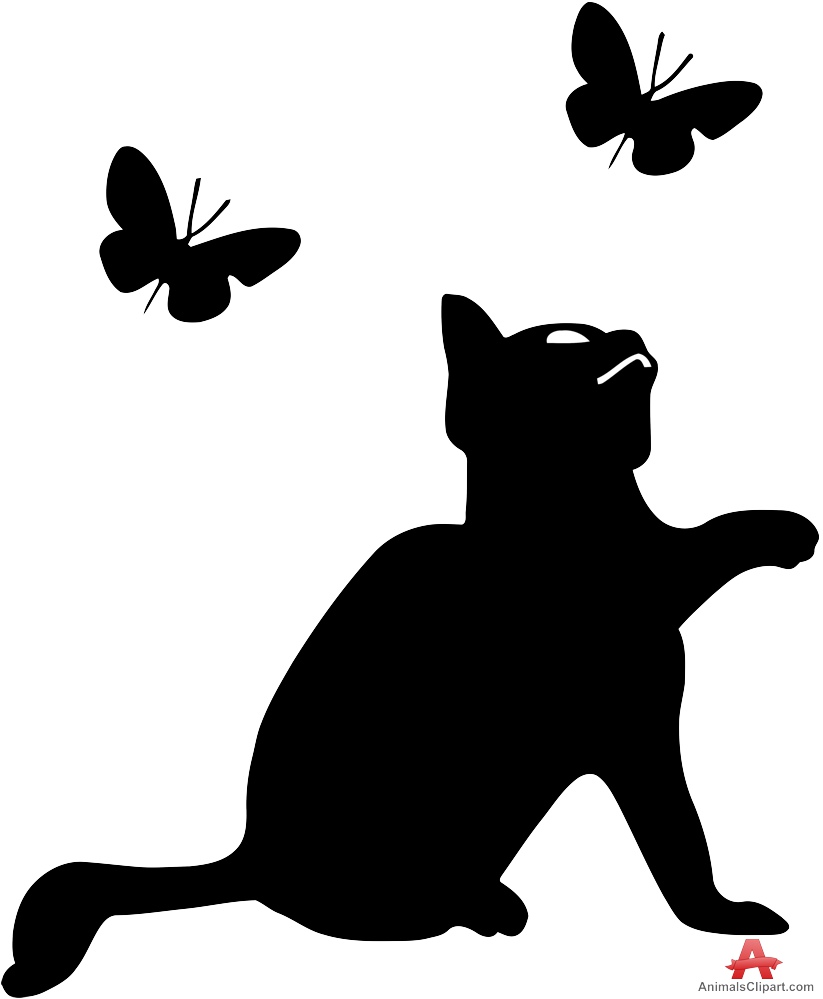 Silhouette of Cat with Butterflies