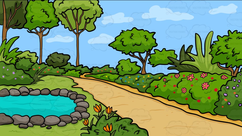 A country garden with pond background vector clip art cartoon