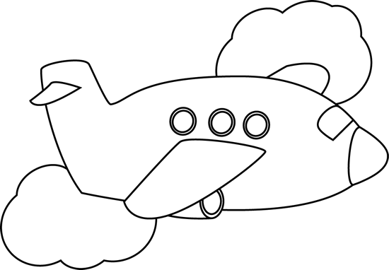 Black and White Airplane Flying Through Clouds Clip Art - Black 