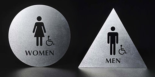 Why do bathroom signs use circle and triangle shapes 