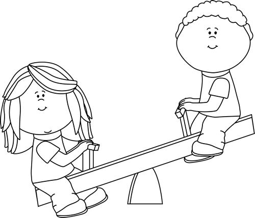 Black and White Kids on Teeter Totter Clip Art - Black and White 
