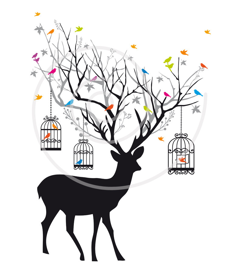 Deer with birds and birdcages reindeer illustration by Illustree
