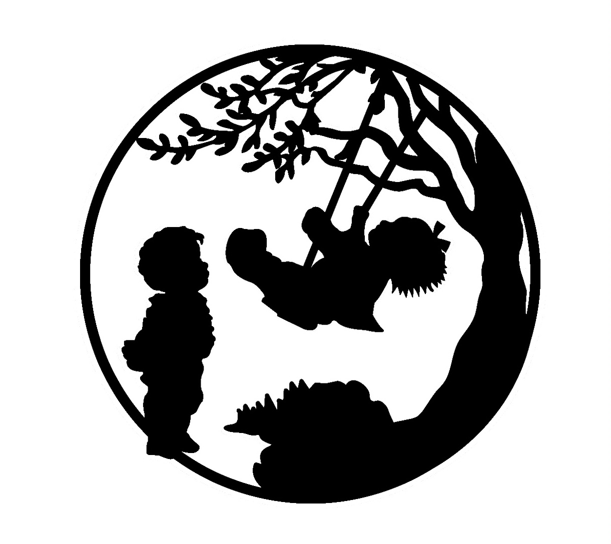 BOY BESIDE TREE WITH GIRL ON SWING, ALL SILHOUETTE by Denise Marle 