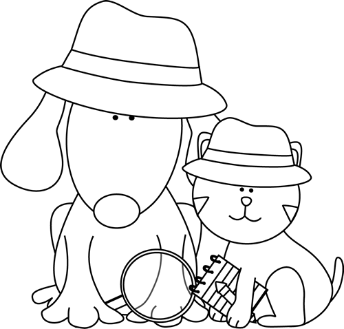 Black and White Detective Dog and Cat Clip Art - Black and White 