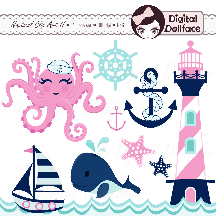 SALE Pink Nautical Clip Art Girl Whale Octopus by DigitalDollFace