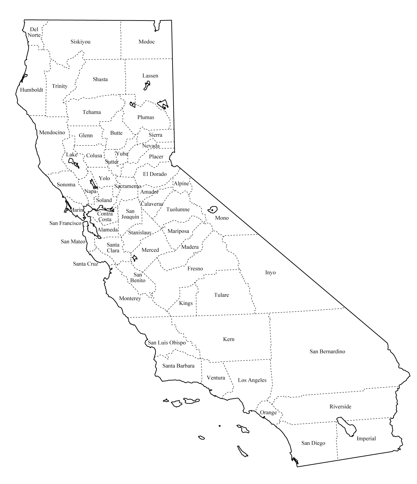 Штат Калифорния на контурной карте