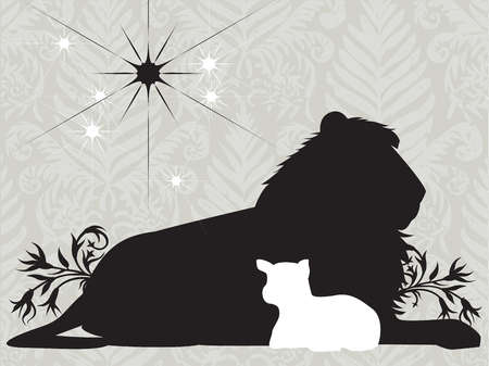 Stock Illustration - Silhouettes of a lion and lamb with a bright 