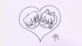 How to Draw Chibi Characters - Cute Chibi Couple in Love Heart 