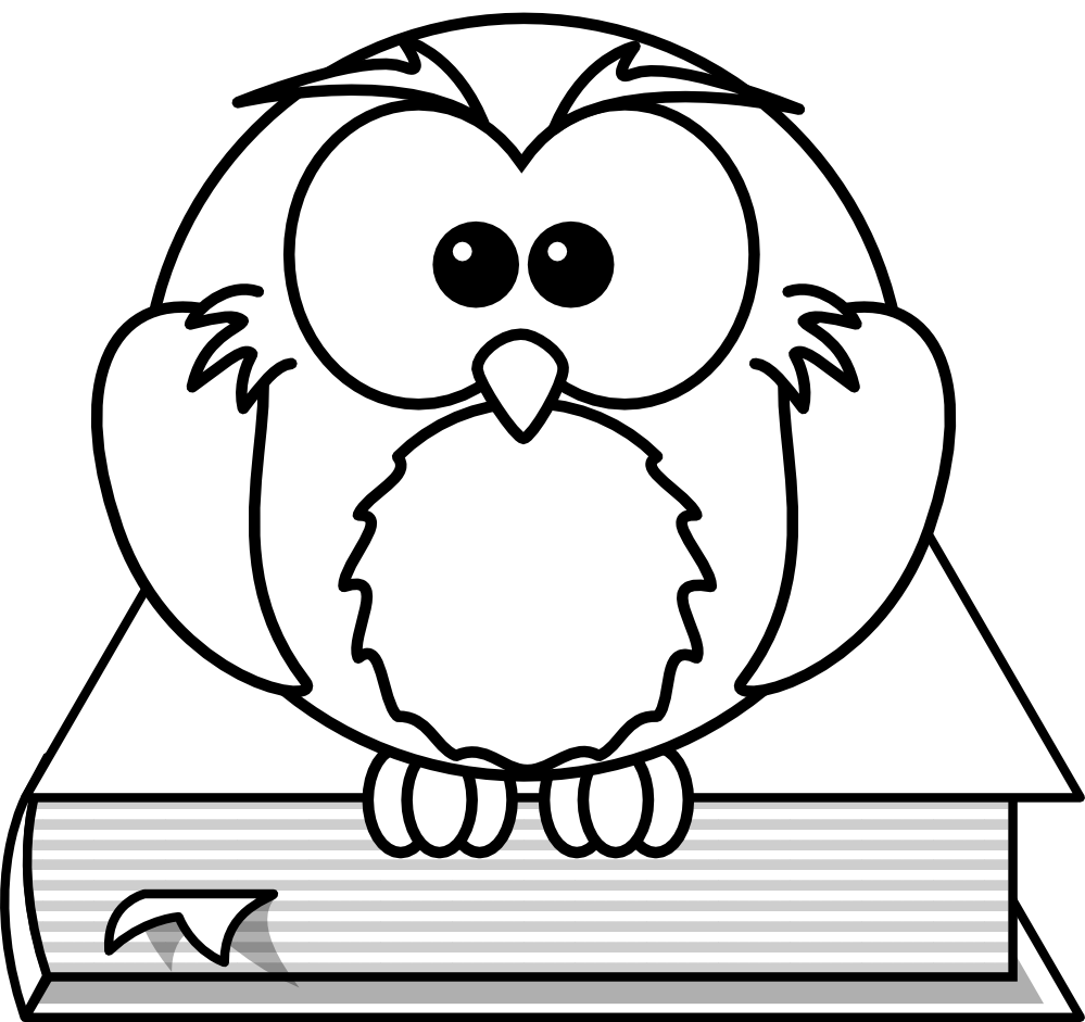 lemmling Cartoon owl sitting on a book black white  - ClipArt 