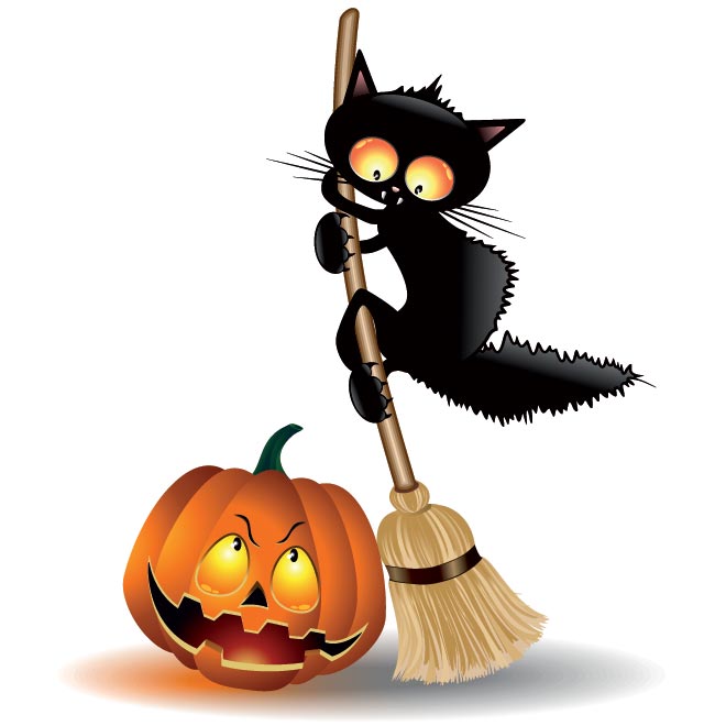 Vector Scarcy black cat with Halloween Pumpkin - Free Vector Art