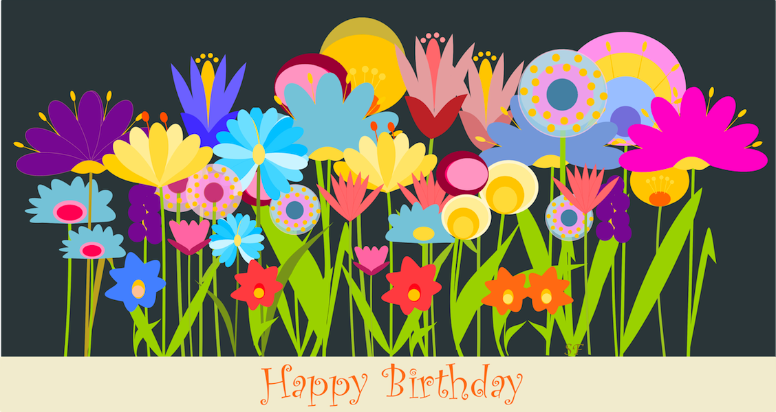free printable happy birthday art card with field of flowers 