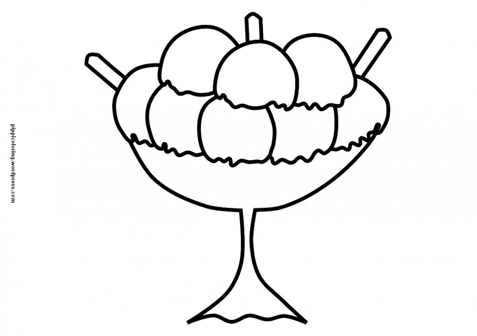 Cartoon Of An Outlined Happy Girl Jumping With An Ice Cream Sundae 