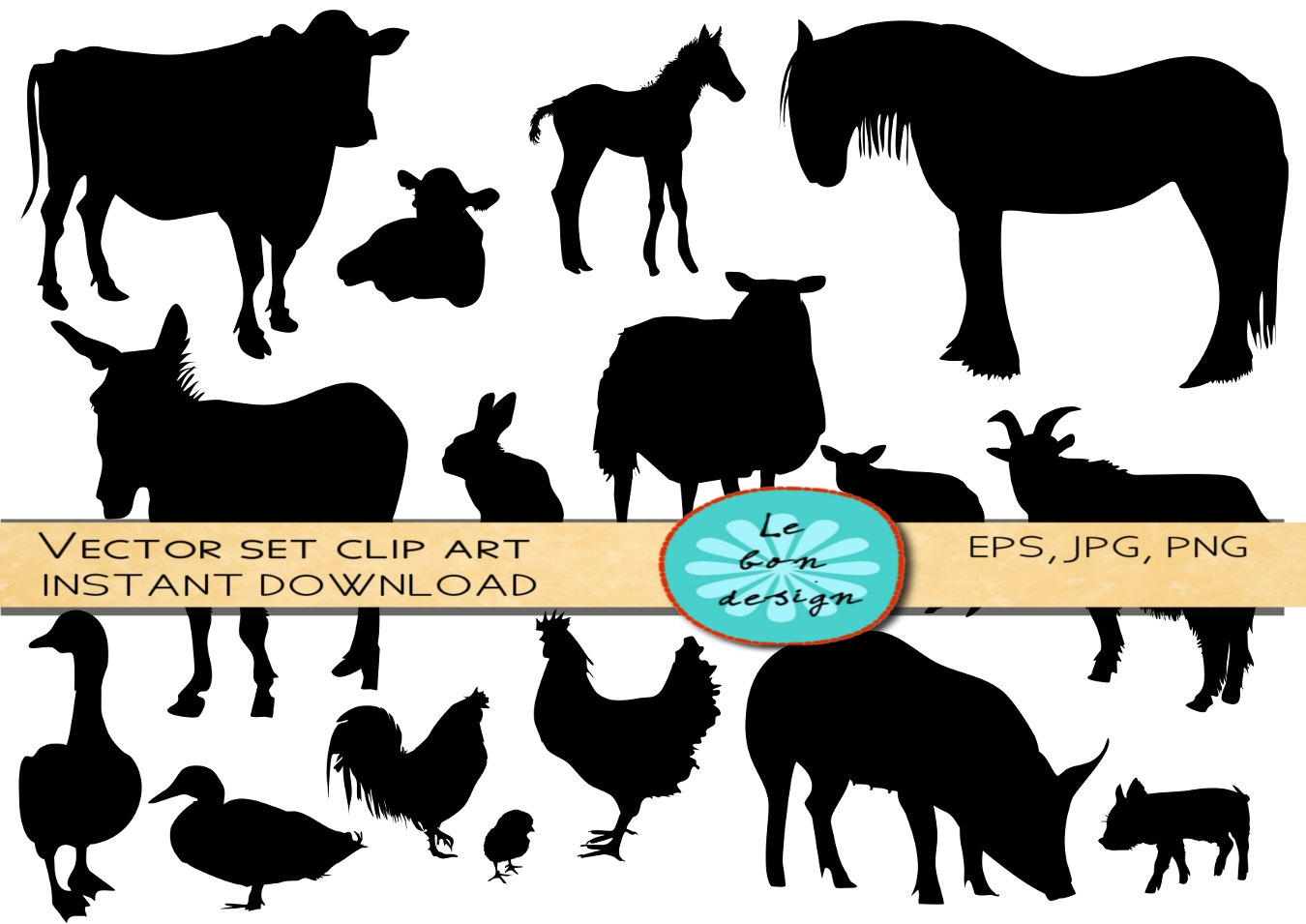 Farm animals silhouette/ clip art vector commercial by Lebondesign
