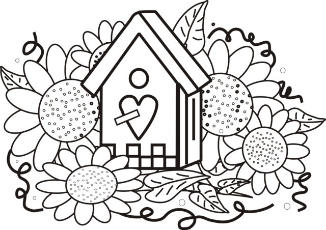 Birdhouse  Sunflowers Coloring Page | Greatest Coloring Book