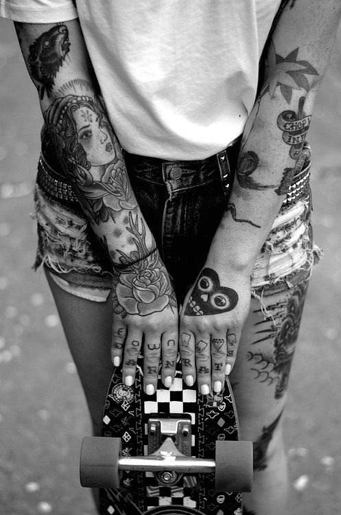 Black and white photo of tattooed girl, sleeve tattoos #ink #inked 