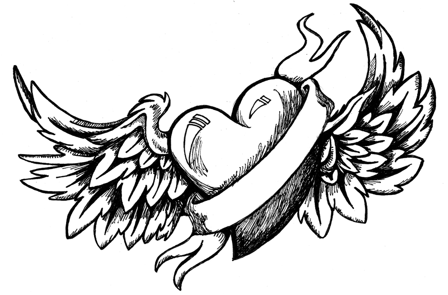 heart with rose and wings drawings