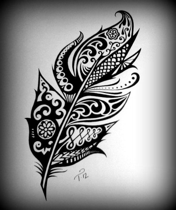 Tribal Henna Feather Art Drawing Custom Ink Drawing Black  White 