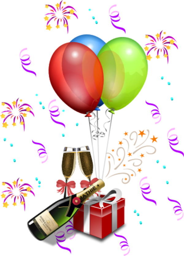 Champagne with Gift Boxes and Balloons - vector Clip Art