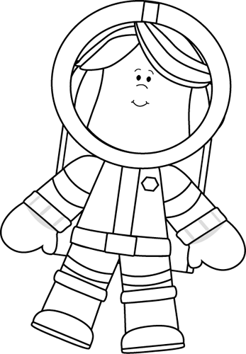 Black and White Little Girl Astronaut Clip Art - Black and White 