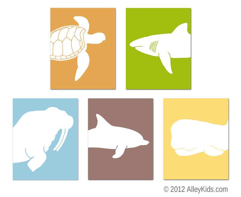 Ocean Life Nursery Art - turtle, shark, whale, dolphin and a 
