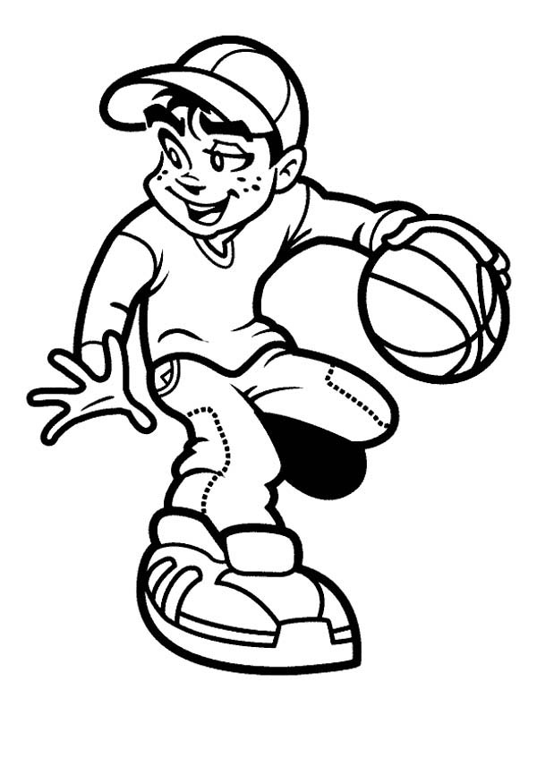 A Boy Doing Crossover Dribble on Basketball Play Coloring Page 