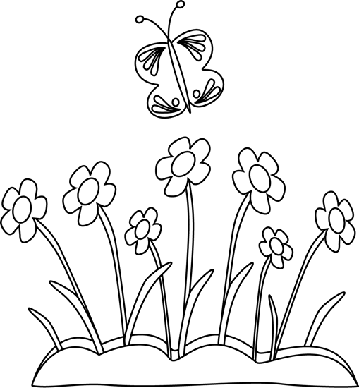 Black and White Butterfly and Flowers Clip Art - Black and White 