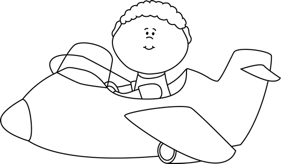 Black and White Kid Flying an Airplane Clip Art - Black and White 