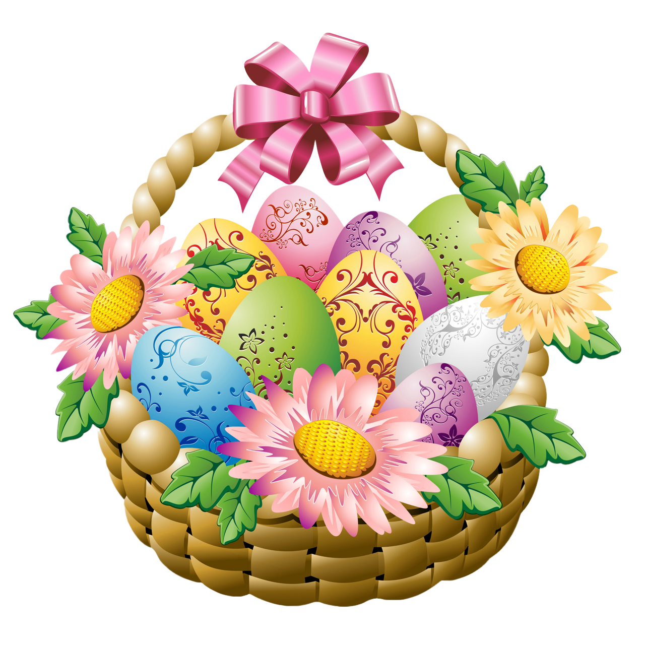 Easter Basket with Easter Eggs and Flowers PNG Picture