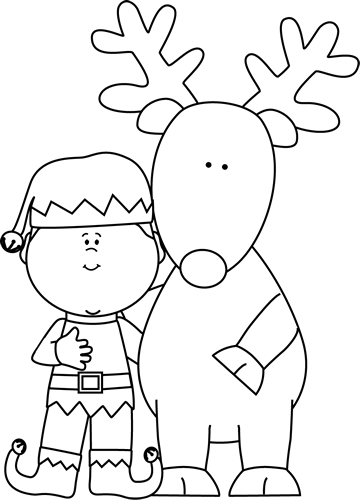 Black and White Elf and Reindeer Clip Art - Black and White Elf 