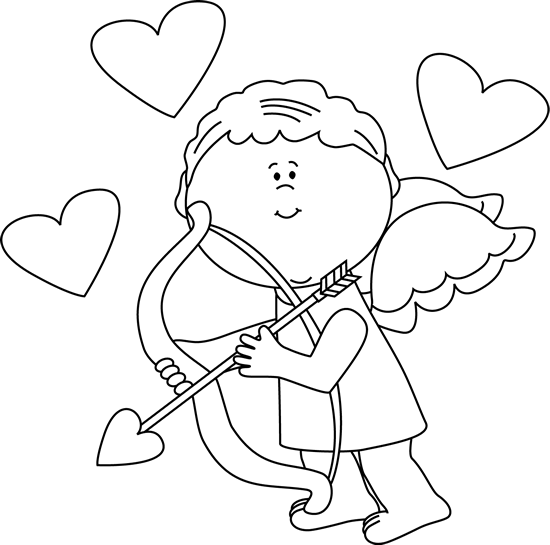 Black and White Cupid with Hearts Clip Art - Black and White Cupid 