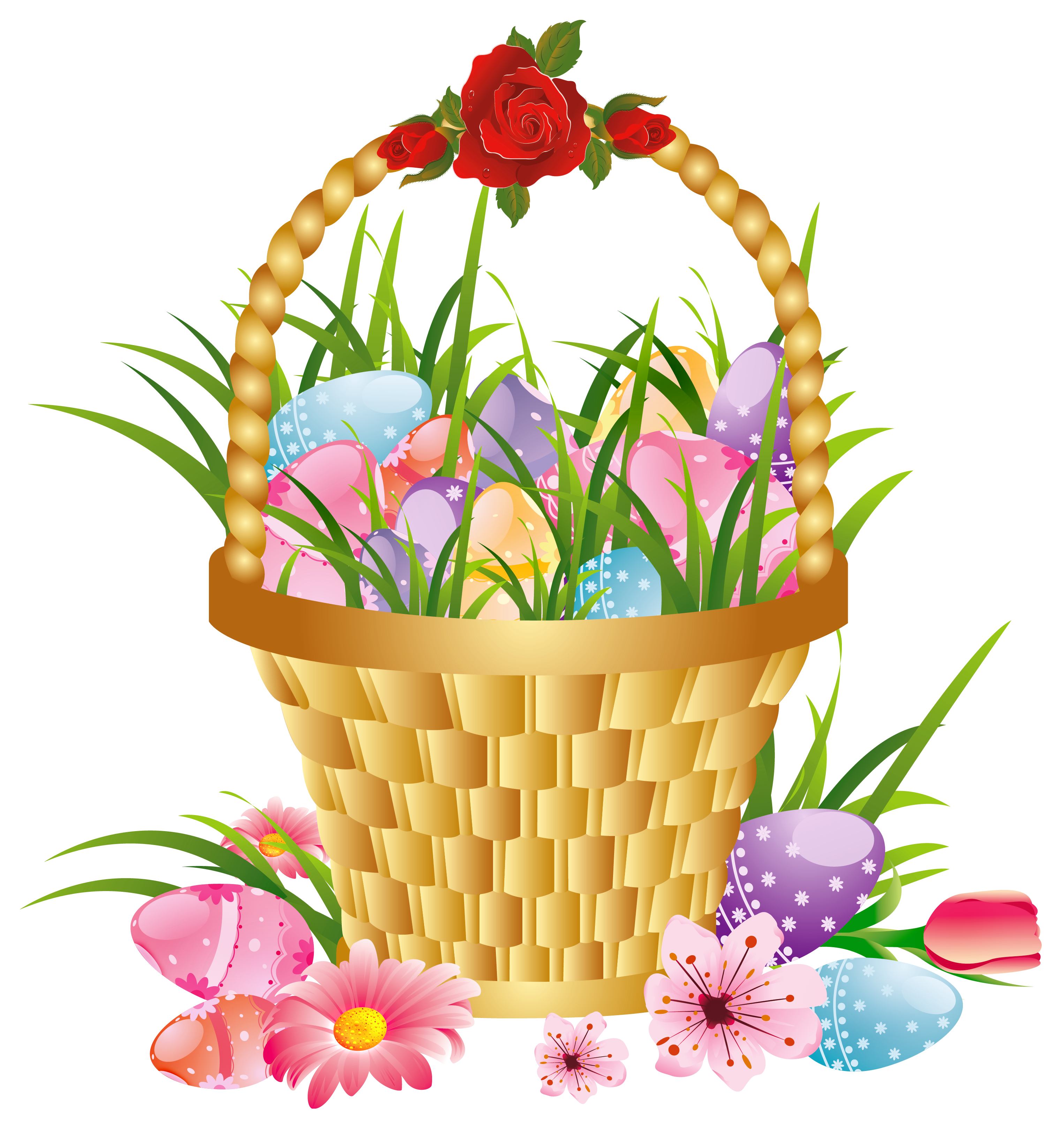 Easter Basket with Eggs and Flowers PNG Picture Clipart