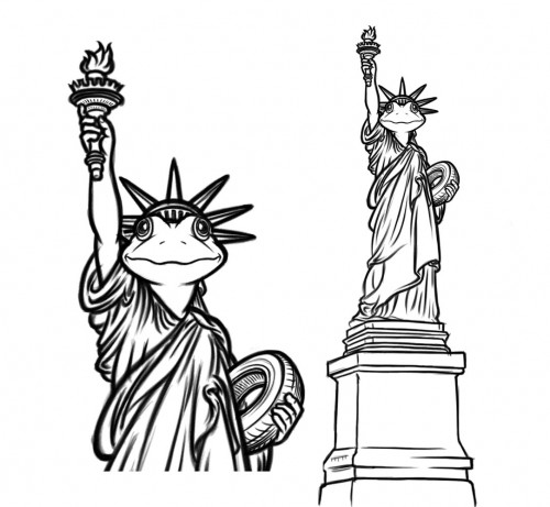 Frog Statue Of Liberty Character T-Shirt Cartoon Illustration