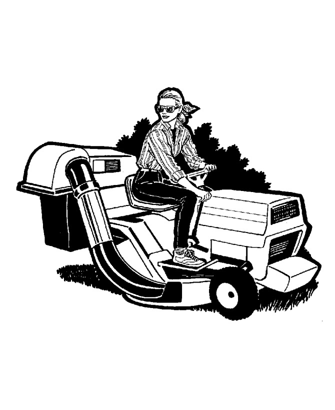 Farm Equipment Coloring Pages | Woman on a Lawn Mower tractor 