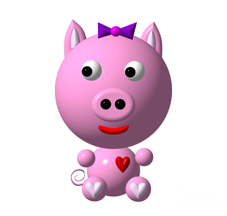 Cute Pink Pig With Purple Bow by Rose Santuci-Sofranko - Cute Pink 