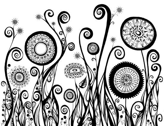 Black and White Art Print - Line Drawing of Five Circular Flowers 