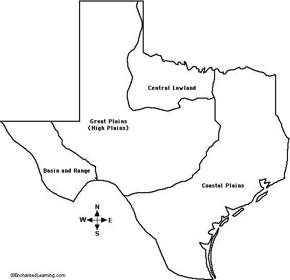 4 Regions of Texas, Outline Map Labeled 