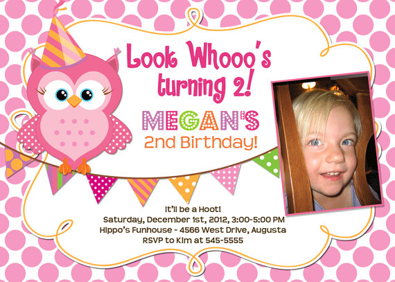Pink Polka Dot Owl with Bunting Birthday Party Invitation 
