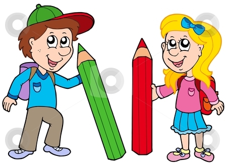 Boy and girl with giant crayons stock vector