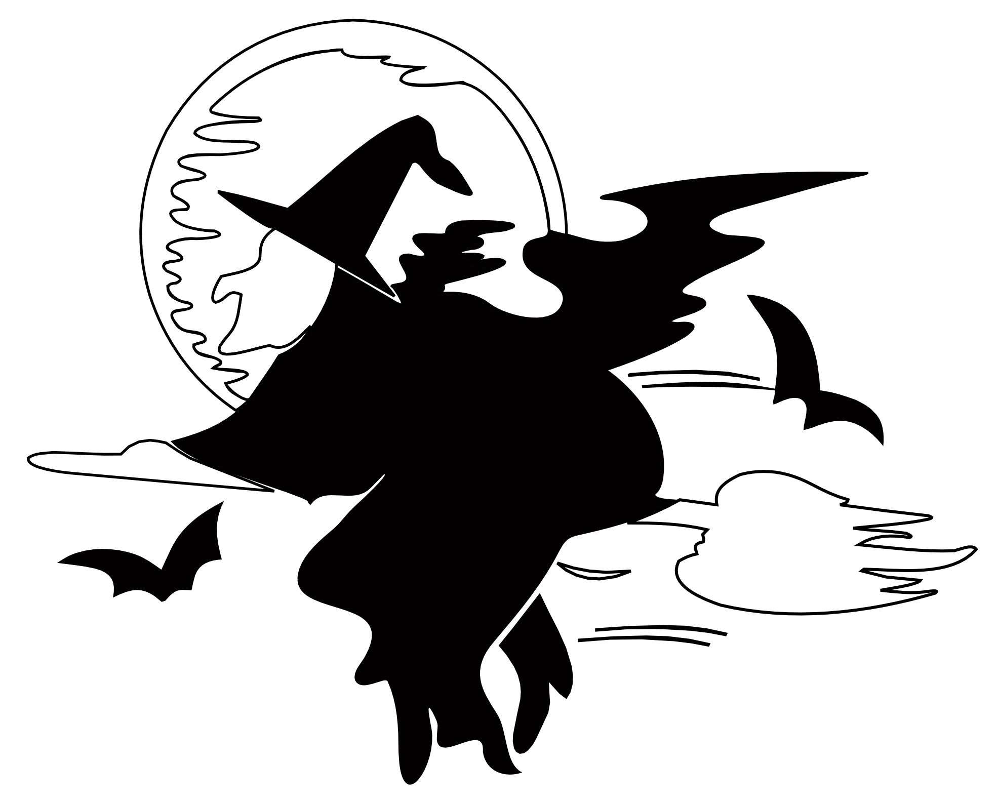 Lakeside Witch over Harvest Moon Halloween Black White Line Art 